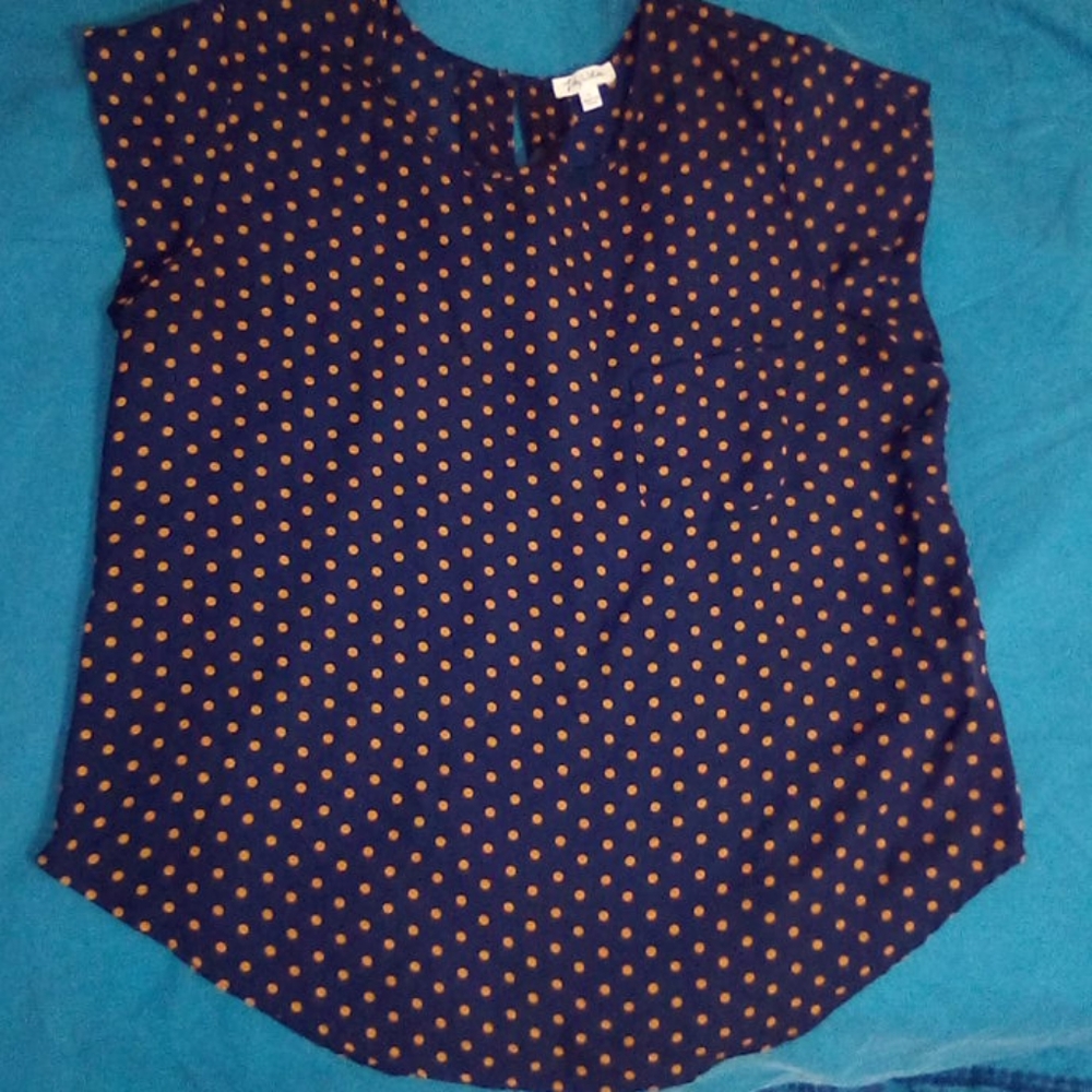 Lily white blouse navy and mustard dots size large
